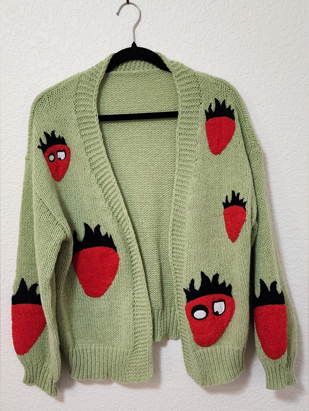 SHEIN Light Green Open-Front Cardigan with Red Strawberry Graphics